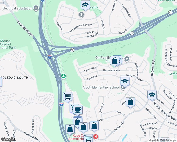 map of restaurants, bars, coffee shops, grocery stores, and more near 2638 Havasupai Avenue in San Diego