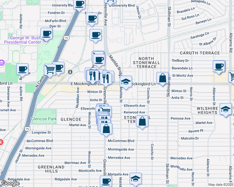 map of restaurants, bars, coffee shops, grocery stores, and more near 5739 Anita Street in Dallas