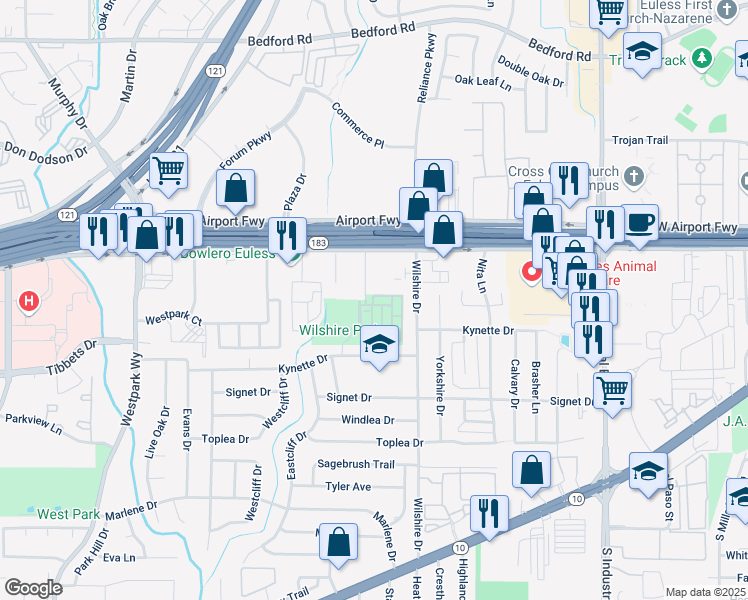 map of restaurants, bars, coffee shops, grocery stores, and more near 212 Knapford Station in Euless