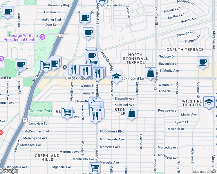 map of restaurants, bars, coffee shops, grocery stores, and more near 5739 Anita Street in Dallas