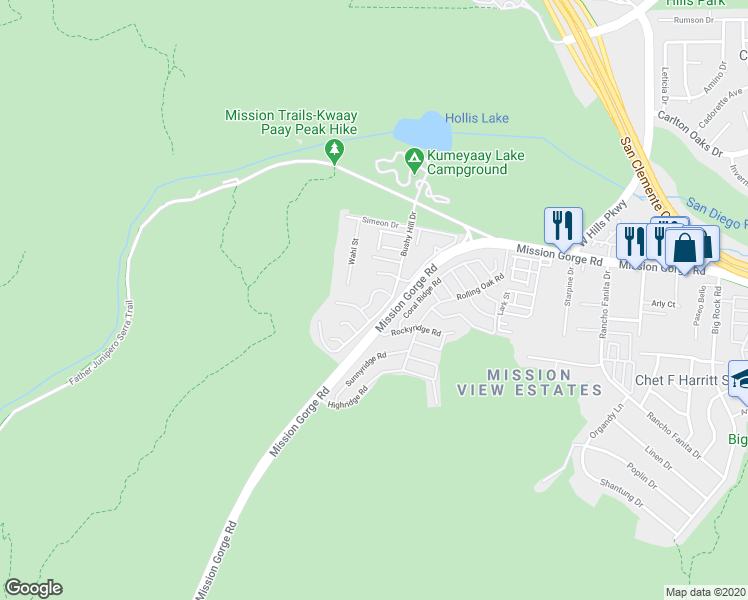 map of restaurants, bars, coffee shops, grocery stores, and more near 8655 Mission San Carlos Drive in Santee