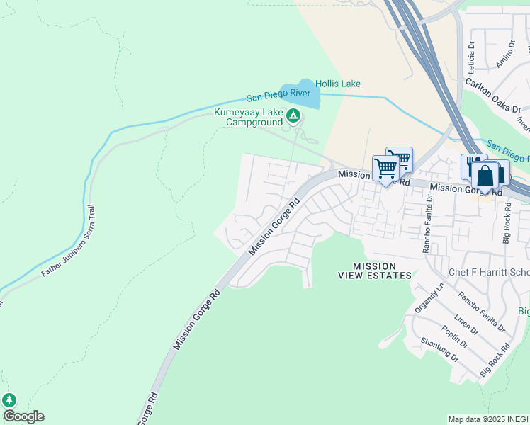 map of restaurants, bars, coffee shops, grocery stores, and more near 8650 Mission San Carlos Drive in Santee