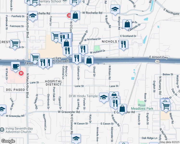 map of restaurants, bars, coffee shops, grocery stores, and more near Britainway Drive in Irving