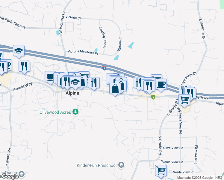 map of restaurants, bars, coffee shops, grocery stores, and more near 2420 Alpine Boulevard in Alpine