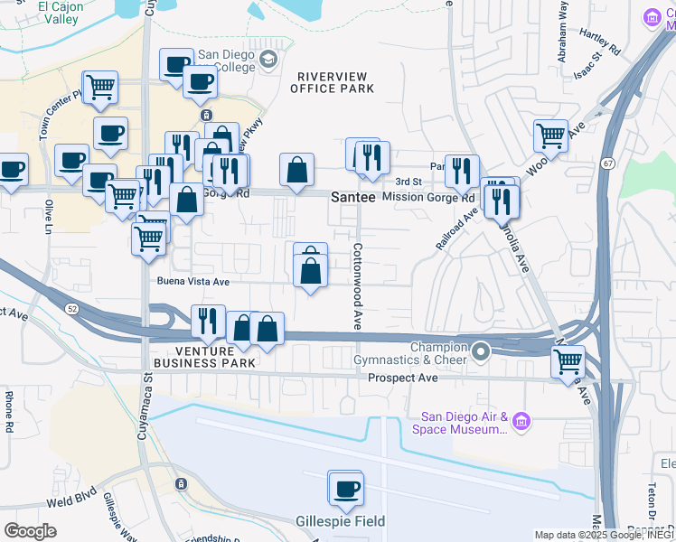 map of restaurants, bars, coffee shops, grocery stores, and more near 10225 Daybreak Lane in Santee