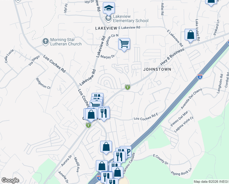 map of restaurants, bars, coffee shops, grocery stores, and more near 13424 Highway 8 Business in Lakeside
