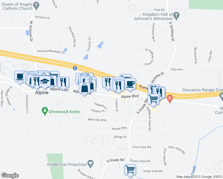 map of restaurants, bars, coffee shops, grocery stores, and more near 2638 Alpine Boulevard in Alpine