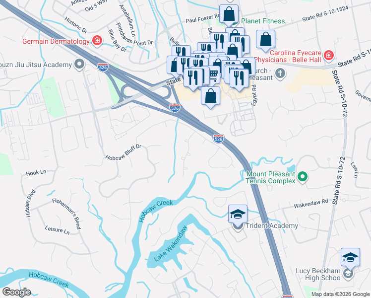 map of restaurants, bars, coffee shops, grocery stores, and more near 1520 Strathmore Lane in Mount Pleasant