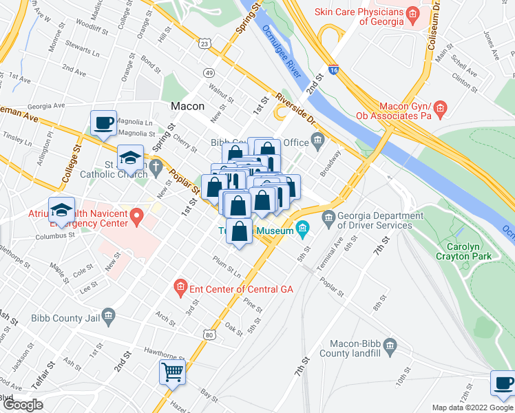 map of restaurants, bars, coffee shops, grocery stores, and more near 425 3rd Street in Macon