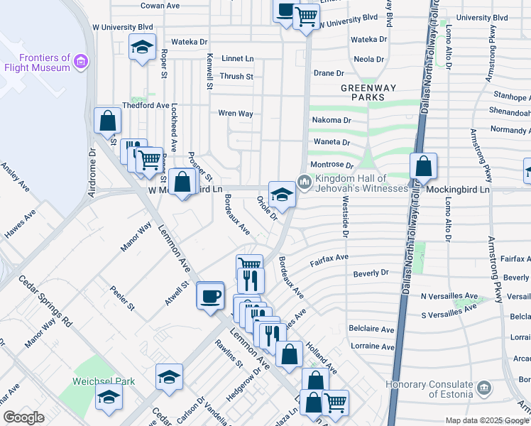 map of restaurants, bars, coffee shops, grocery stores, and more near 6357 Oriole Drive in Dallas