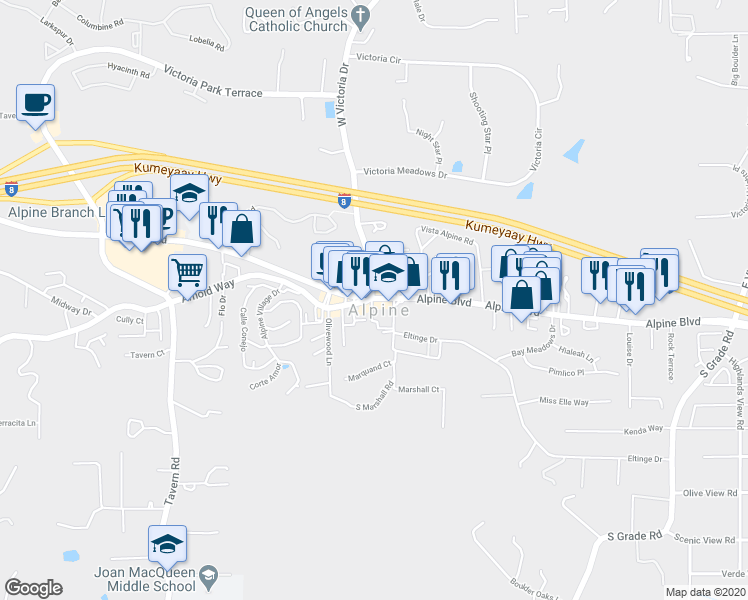 map of restaurants, bars, coffee shops, grocery stores, and more near Alpine Boulevard & Arnold Way in Alpine