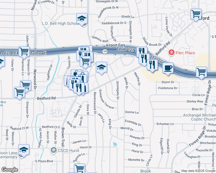 map of restaurants, bars, coffee shops, grocery stores, and more near 24 Regents Park in Bedford
