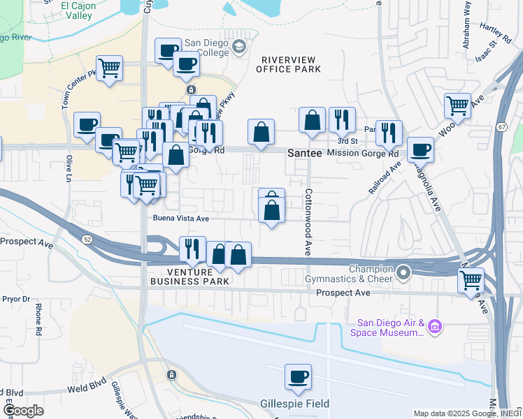 map of restaurants, bars, coffee shops, grocery stores, and more near 10122 Buena Vista Avenue in Santee