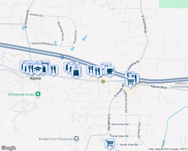 map of restaurants, bars, coffee shops, grocery stores, and more near 2654 Alpine Boulevard in Alpine