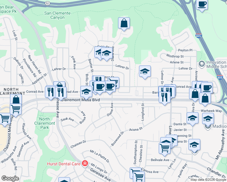 map of restaurants, bars, coffee shops, grocery stores, and more near 4957 Diane Avenue in San Diego