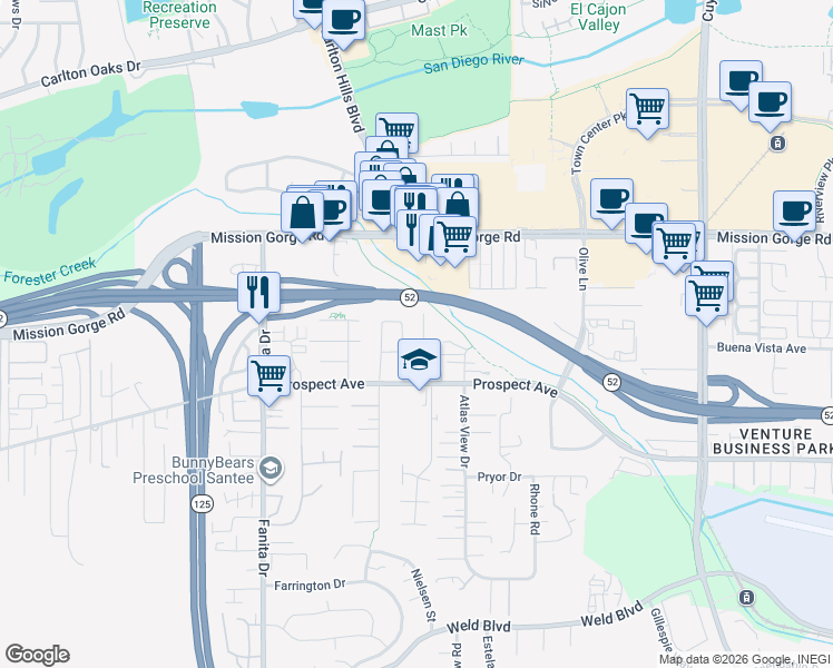 map of restaurants, bars, coffee shops, grocery stores, and more near 8758 Granite House Lane in Santee
