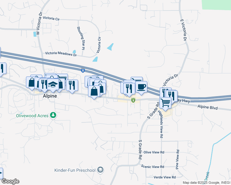 map of restaurants, bars, coffee shops, grocery stores, and more near 2616 Alpine Boulevard in Alpine