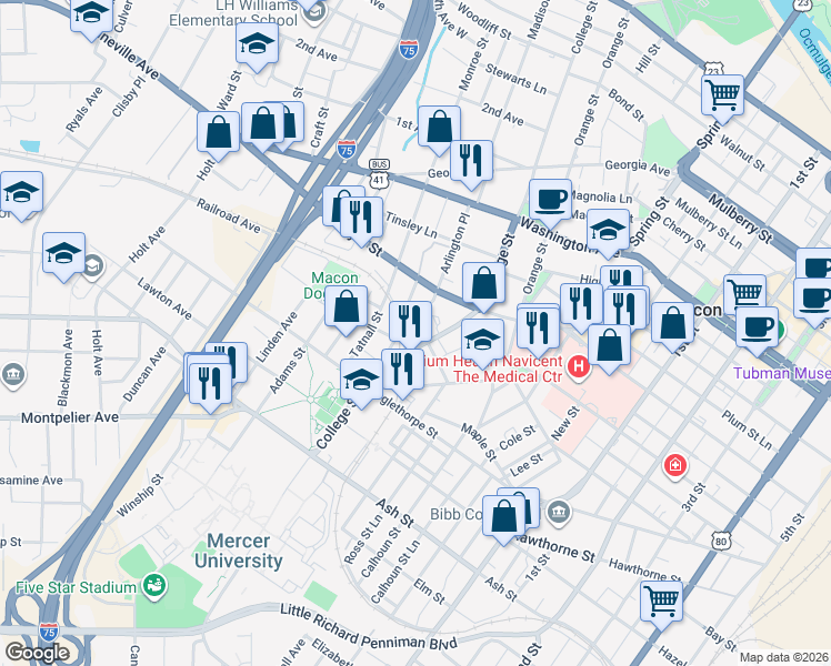 map of restaurants, bars, coffee shops, grocery stores, and more near 1236 Appleton Avenue in Macon