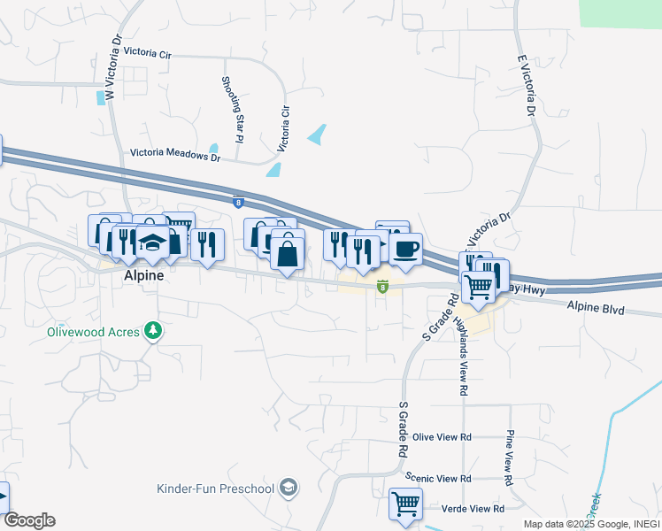 map of restaurants, bars, coffee shops, grocery stores, and more near 2616 Alpine Boulevard in Alpine
