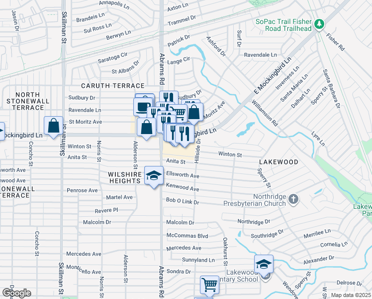 map of restaurants, bars, coffee shops, grocery stores, and more near 6435 Anita Street in Dallas