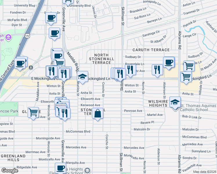map of restaurants, bars, coffee shops, grocery stores, and more near 6017 Anita Street in Dallas