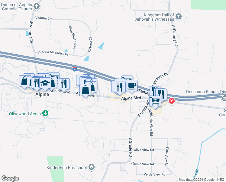 map of restaurants, bars, coffee shops, grocery stores, and more near 2644 Alpine Boulevard in Alpine