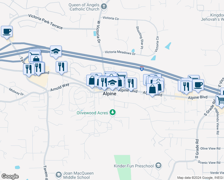 map of restaurants, bars, coffee shops, grocery stores, and more near 2220 Alpine Boulevard in Alpine