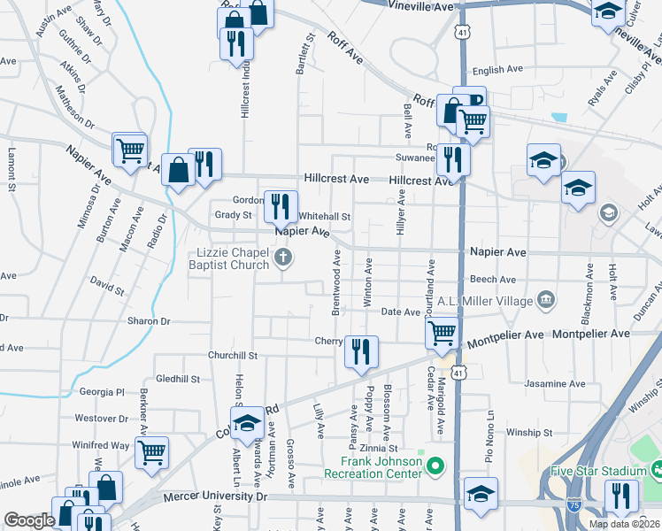 map of restaurants, bars, coffee shops, grocery stores, and more near 1198 Brentwood Avenue in Macon