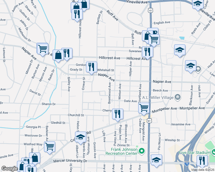 map of restaurants, bars, coffee shops, grocery stores, and more near 1198 Brentwood Avenue in Macon