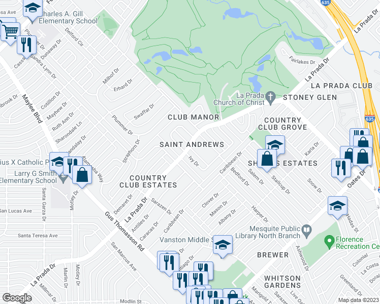 map of restaurants, bars, coffee shops, grocery stores, and more near 4432 Ivy Drive in Mesquite