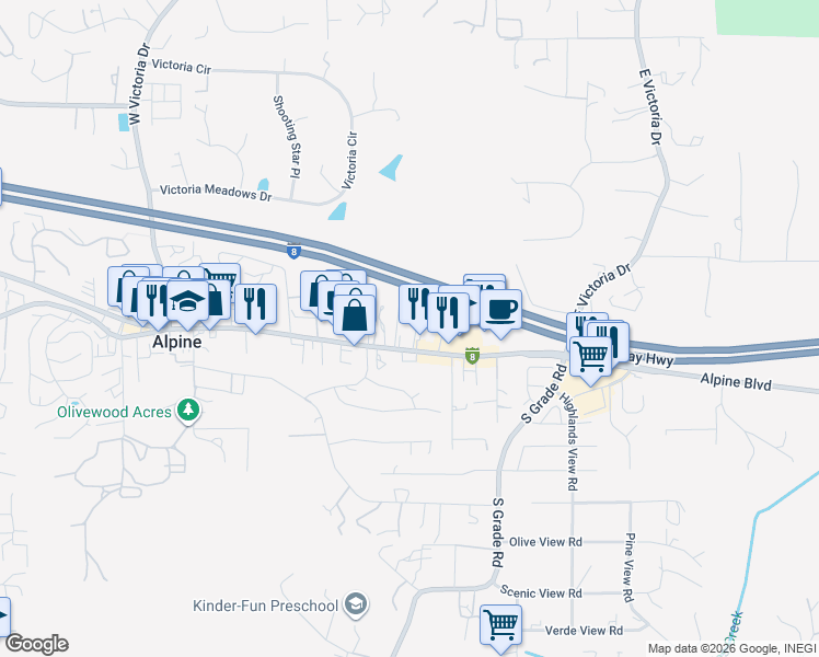 map of restaurants, bars, coffee shops, grocery stores, and more near 2654 Alpine Boulevard in Alpine