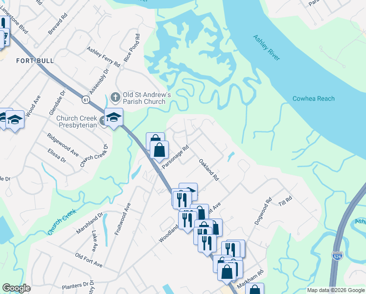 map of restaurants, bars, coffee shops, grocery stores, and more near 2242 Parsonage Road in Charleston