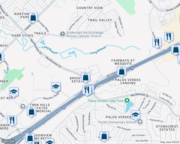 map of restaurants, bars, coffee shops, grocery stores, and more near 900 Wiggins Parkway in Mesquite