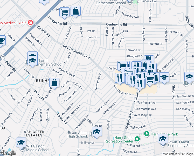 map of restaurants, bars, coffee shops, grocery stores, and more near 10341 Newcombe Drive in Dallas