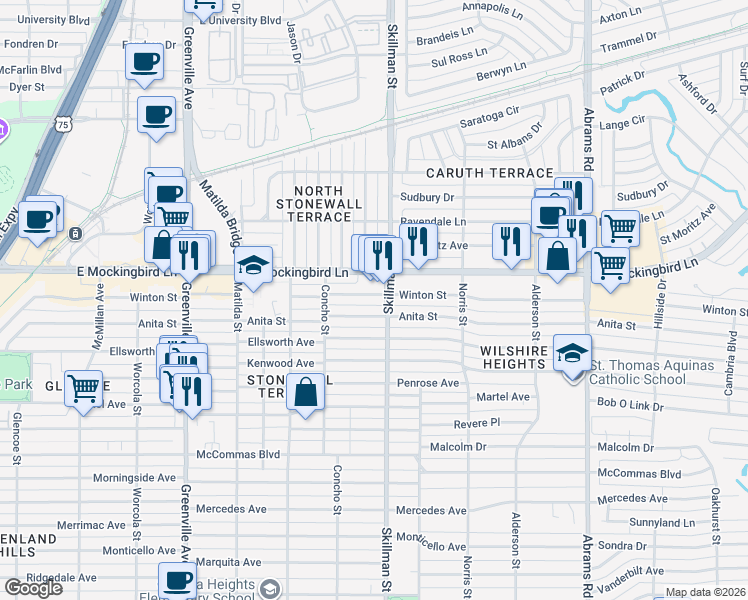 map of restaurants, bars, coffee shops, grocery stores, and more near 6055 Anita Street in Dallas