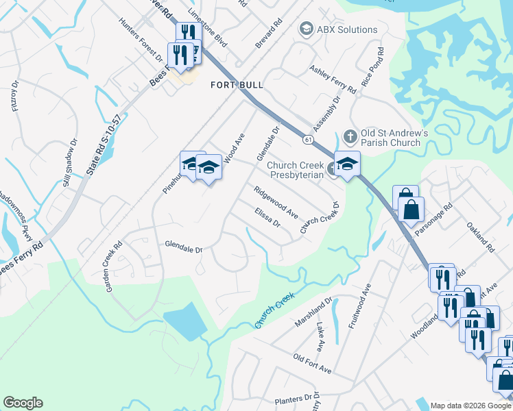 map of restaurants, bars, coffee shops, grocery stores, and more near 2648 Elissa Drive in Charleston