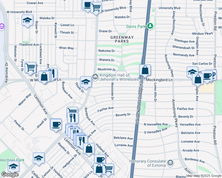 map of restaurants, bars, coffee shops, grocery stores, and more near 5380 Southern Avenue in Dallas