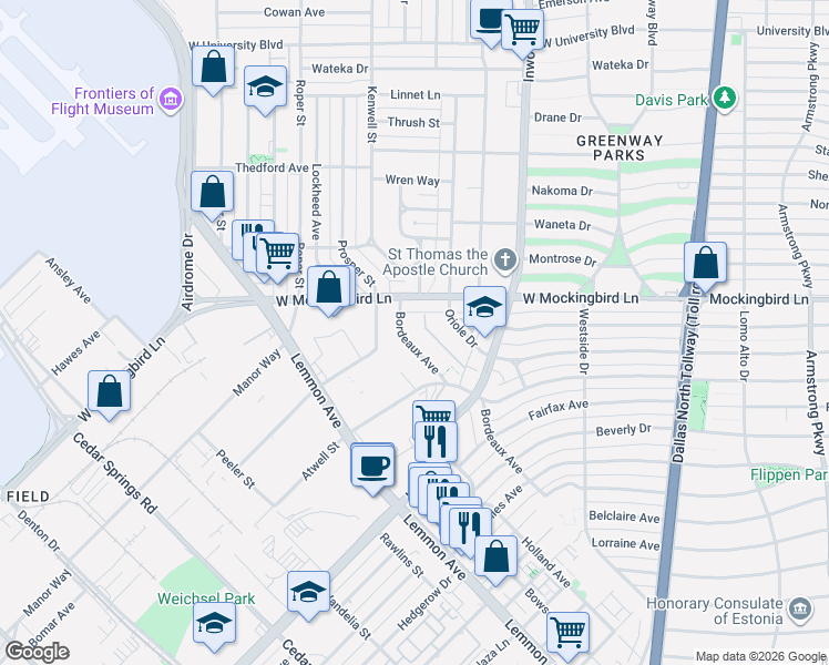 map of restaurants, bars, coffee shops, grocery stores, and more near 6469 Bordeaux Avenue in Dallas