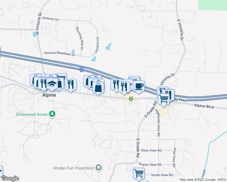 map of restaurants, bars, coffee shops, grocery stores, and more near 2654 Alpine Boulevard in Alpine