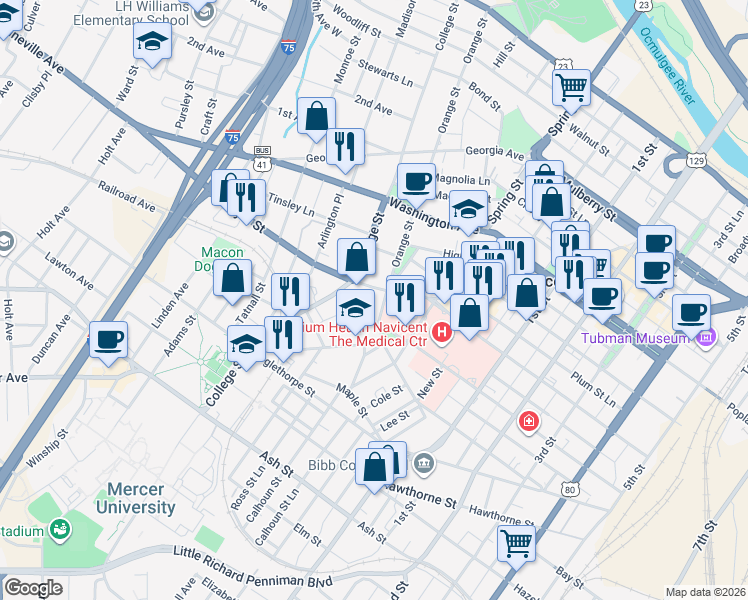 map of restaurants, bars, coffee shops, grocery stores, and more near 743 Orange Street in Macon