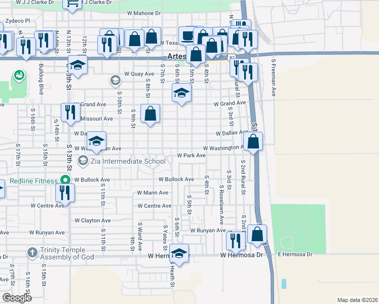 map of restaurants, bars, coffee shops, grocery stores, and more near 512 W Garst Ave in Artesia