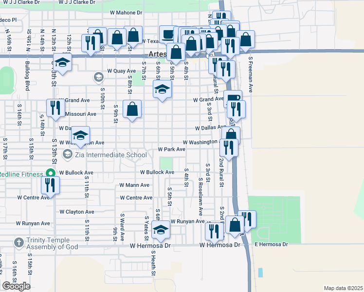 map of restaurants, bars, coffee shops, grocery stores, and more near 400 West Park Avenue in Artesia
