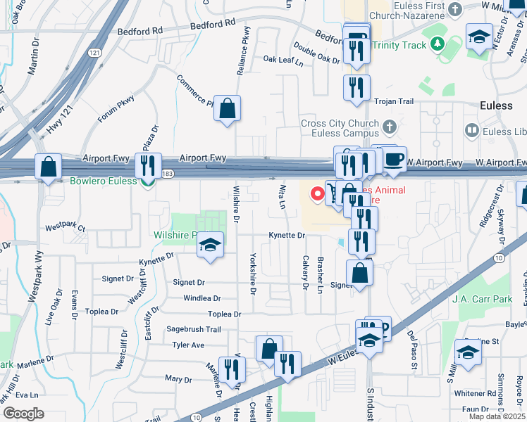 map of restaurants, bars, coffee shops, grocery stores, and more near 1407 Calais Court in Euless