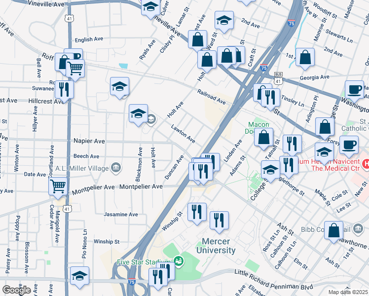 map of restaurants, bars, coffee shops, grocery stores, and more near 1283 Carling Avenue in Macon
