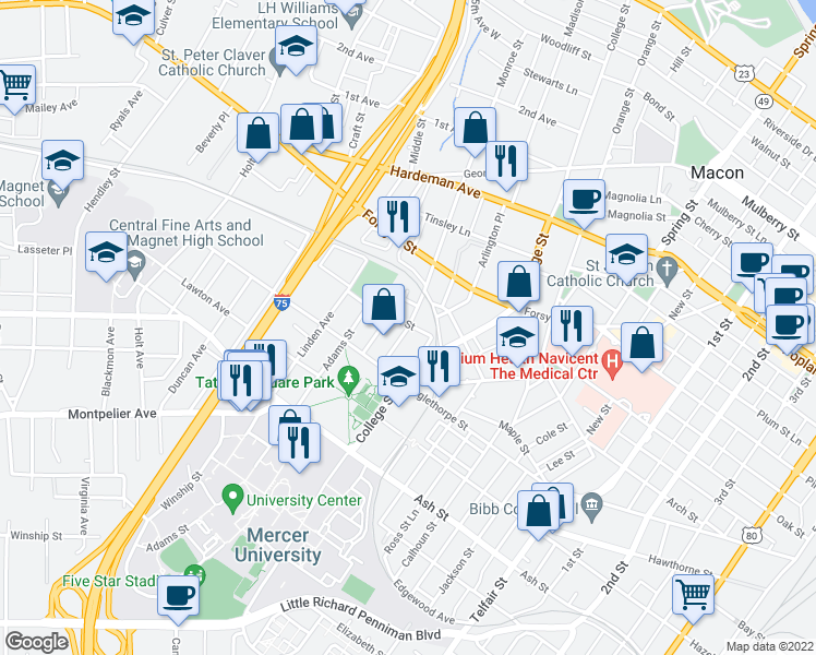 map of restaurants, bars, coffee shops, grocery stores, and more near 1099 Tatnall Street in Macon