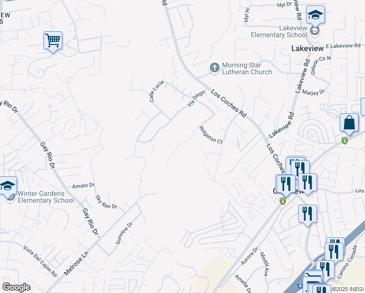 map of restaurants, bars, coffee shops, grocery stores, and more near 12503 Ridgeton Drive in Lakeside