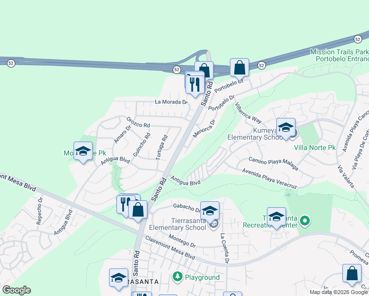 map of restaurants, bars, coffee shops, grocery stores, and more near 5696 Menorca Drive in San Diego