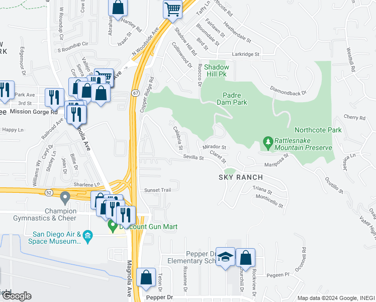 map of restaurants, bars, coffee shops, grocery stores, and more near 2008 Montilla Drive in Santee