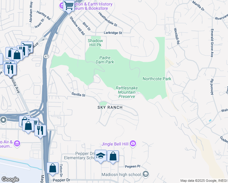 map of restaurants, bars, coffee shops, grocery stores, and more near 5701 Mara Villa Street in Santee