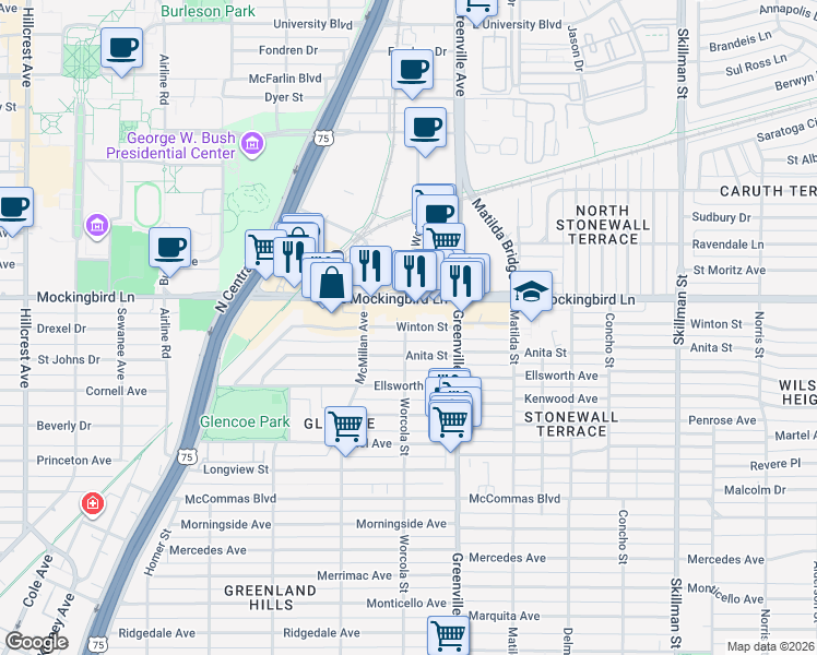 map of restaurants, bars, coffee shops, grocery stores, and more near 5531 Anita Street in Dallas